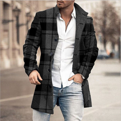 Fall Winter Men Woolen Stand Collar Mid-length Pocket Casual Coat