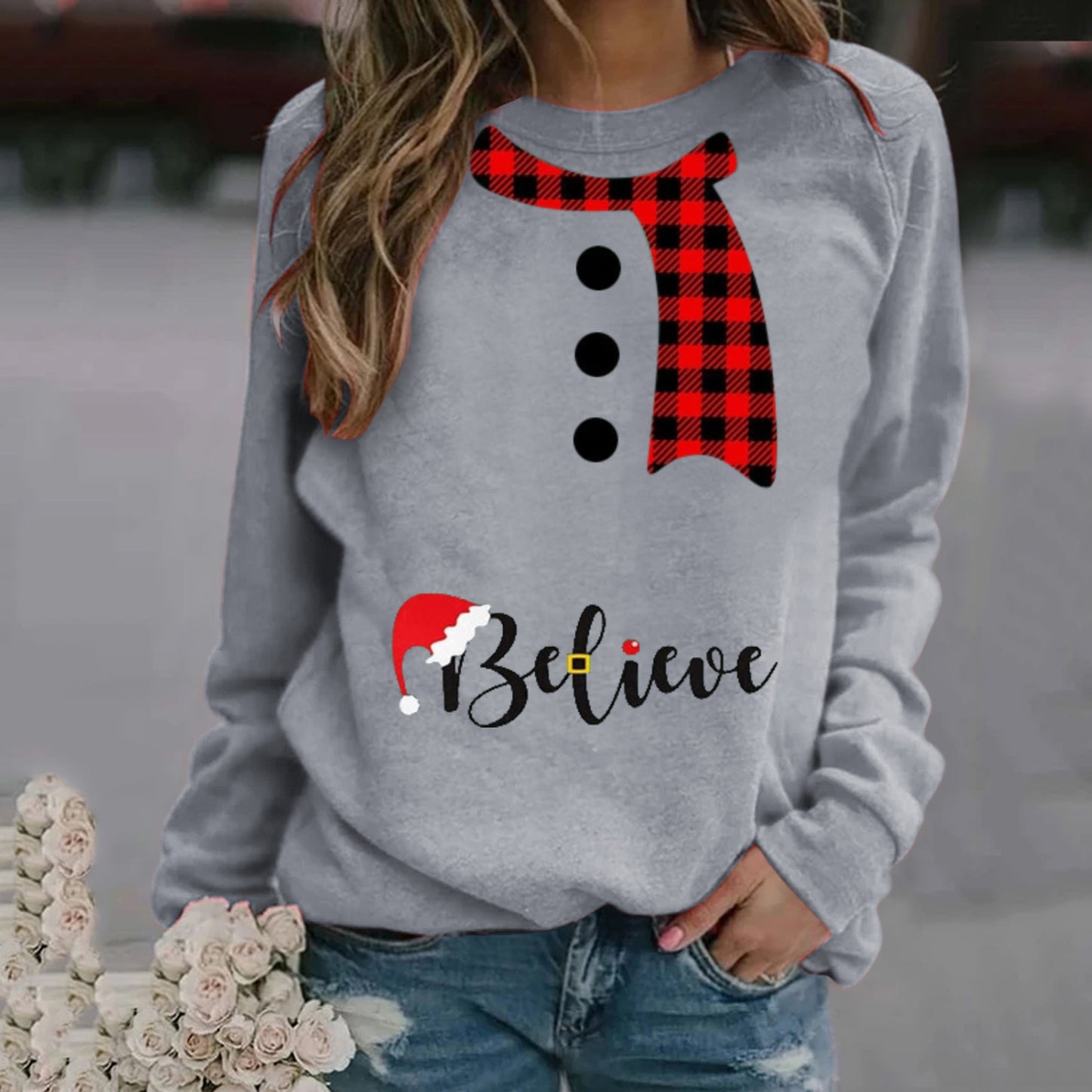 Christmas Pattern Printing Long Sleeve Crew Neck Sweater Women