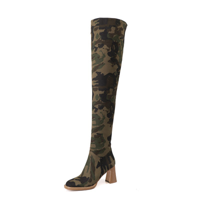 Women's Round Head Camouflage Denim Chunky Heel Long Boots