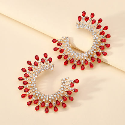 Exaggerated C- Shaped Alloy Inlaid Color Crystal Earrings