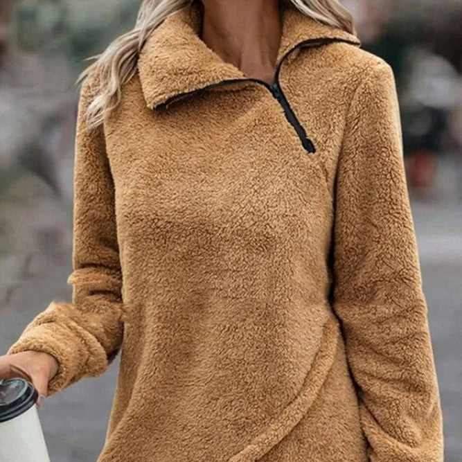 Women's Zipper And Lapel Solid Color Plush Sweater