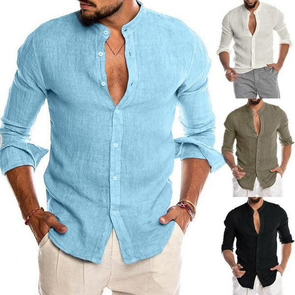 New Cardigan Stand Collar Long Sleeve Men's Shirt