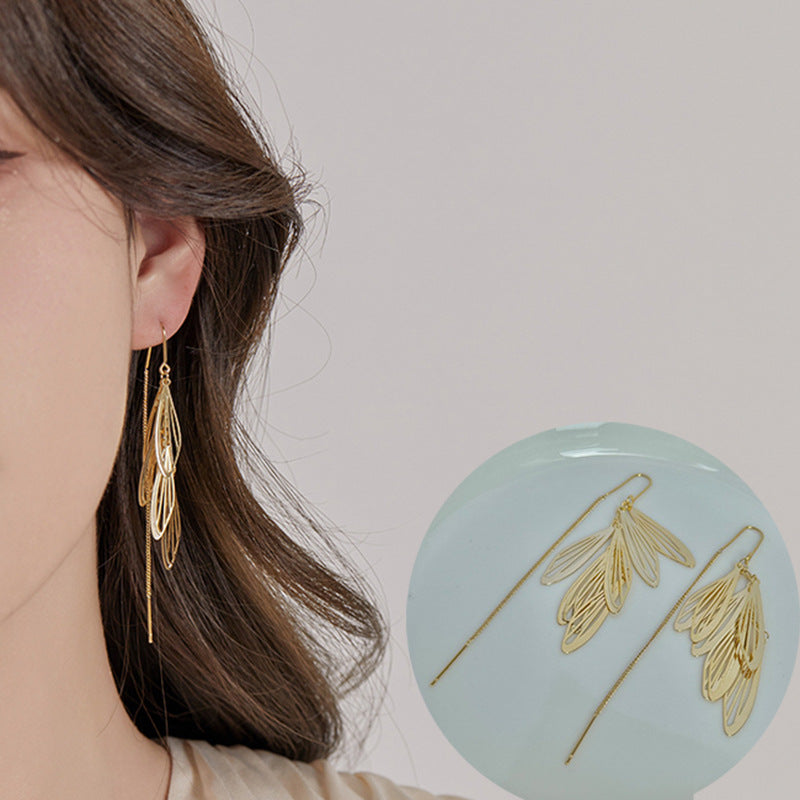 Dragonfly Point Water Leaves Tassel Hanging Earrings Female