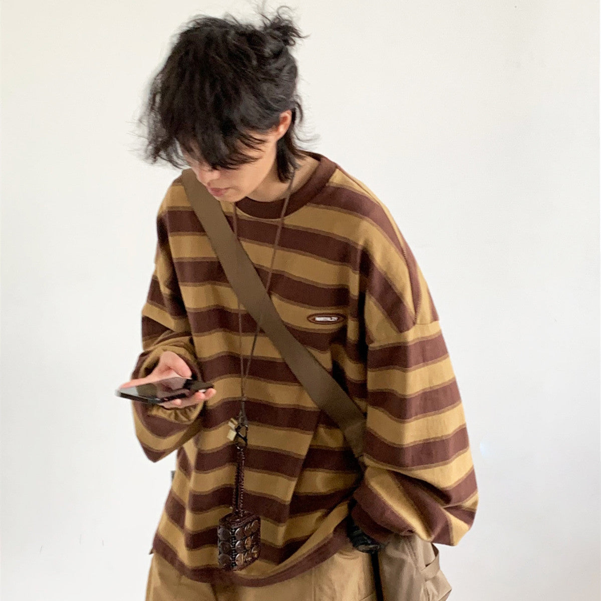 Japanese-style Retro Striped Long Sleeve T-shirt Loose Khaki Couple's Shirts