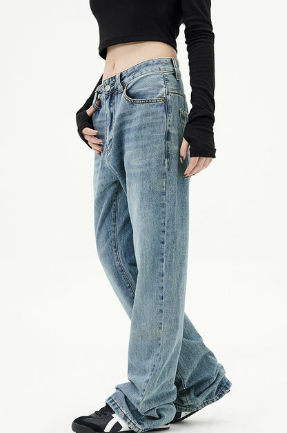 Basic Simple Blue Straight American Retro Jeans