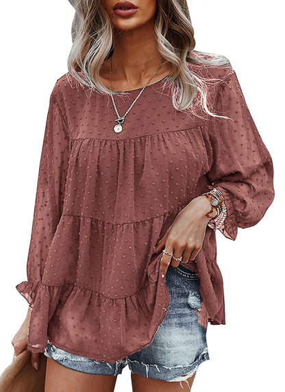 Loose Chiffon Shirt Round Neck Ruffle Top