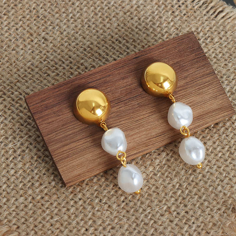 French Retro Shell Pearls Steel Ball Earrings Baroque