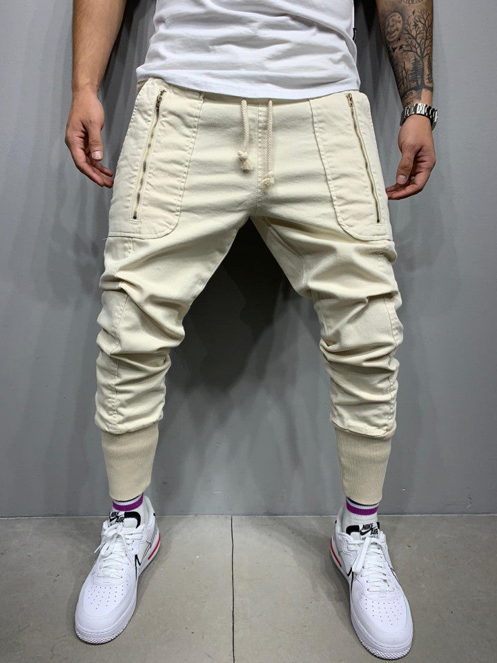 Leisure Sports Classic Three-dimensional Zipper Patch Pocket Tether Elastic Skinny Pants