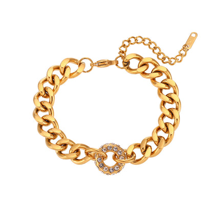 Trendy Temperamental Bracelet Ornament Stainless Steel Cuban Link Chain Zircon Donut Pendant Necklace