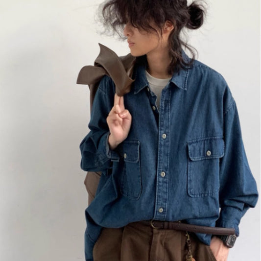 Casual Loose Basic Style Workwear Denim Shirt Jacket