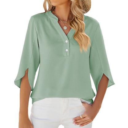 Button V-neck Mid-sleeve Chiffon Shirt For Women Solid Color Top