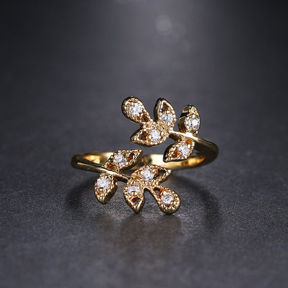 European And American Fashion Leaf-shaped Open Diamond Ring 18K Real Gold Plating