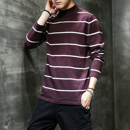 Men's Striped Sweater With Half Turtleneck