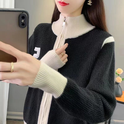 New Korean Style Loose High Collar Knitwear Sweater Cardigan Women's Zipper Coat