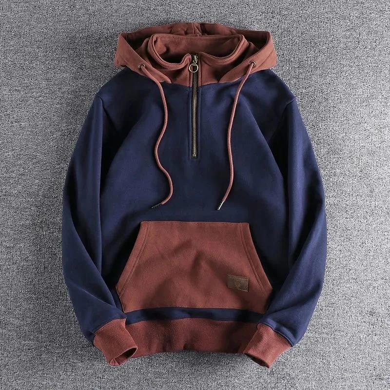 Trendy Autumn And Winter Fleece-lined Thickened Hooded Sweatshirt Men's Retro Trendy Contrast Color New Youth Stand Collar