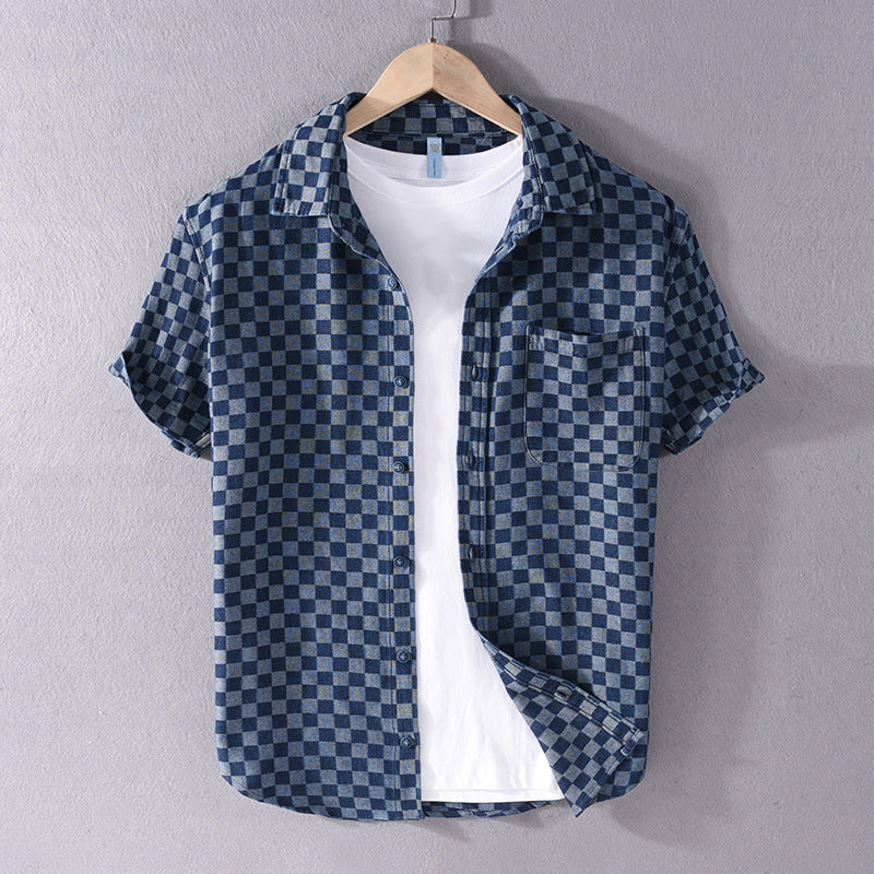 Plaid Short Sleeve Denim Shirt Casual All-match Cotton Shirt