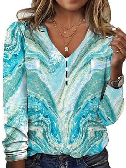 V-neck Starry Sky Tie-dyed Pearl Button T-shirt With Long Sleeves Hoodie