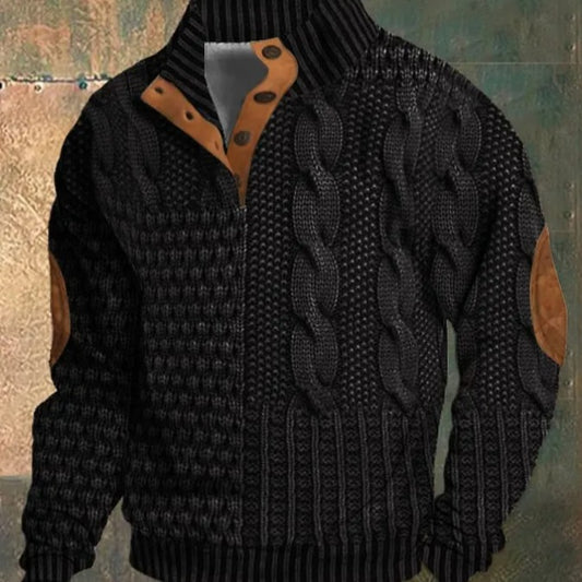 Digital Vintage Printed Stand Collar Button Sweater For Men