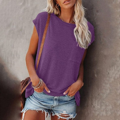 Women's Pocket Strapless Round Neck Short Sleeve Top