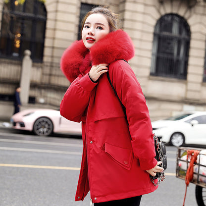 New Fleece-lined Mid-length Big Fur Collar Thicken Cotton Clothes Coat