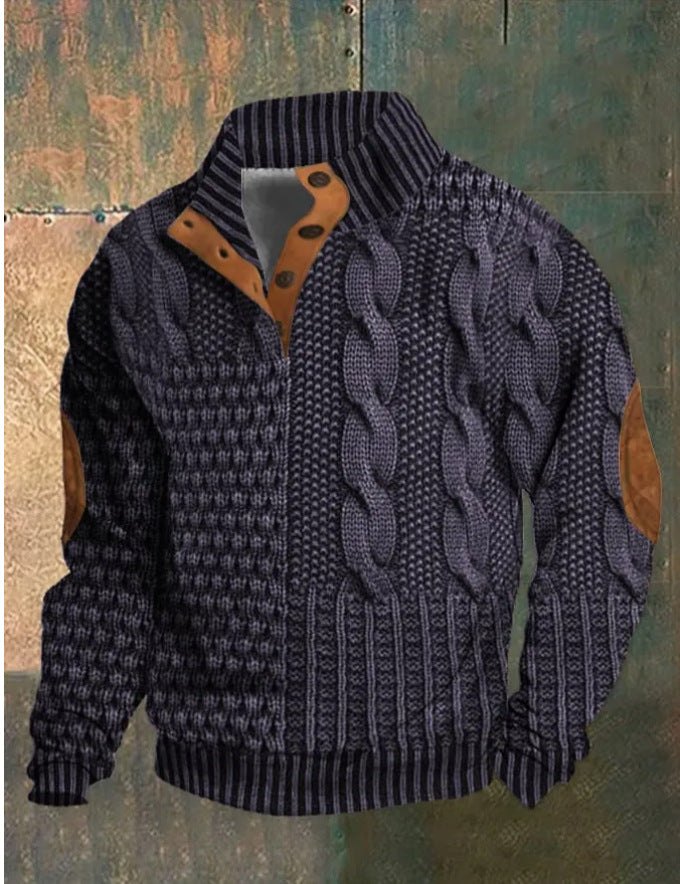 Digital Vintage Printed Stand Collar Button Sweater For Men