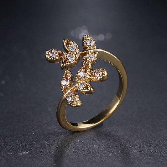 European And American Fashion Leaf-shaped Open Diamond Ring 18K Real Gold Plating