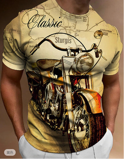 Retro Biker's Printed Round Neck Short Sleeve T-shirt