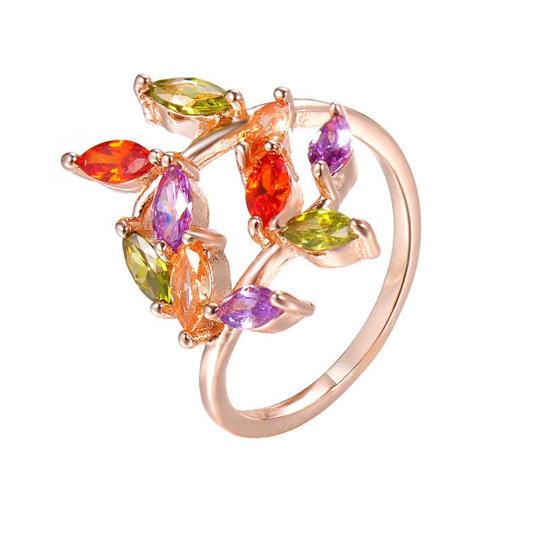 European And American New Color Zircon Tree Branch Leaf Shape Ring