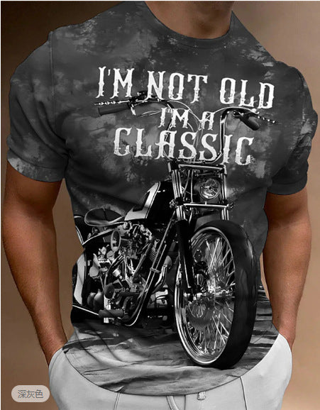 Retro Biker's Printed Round Neck Short Sleeve T-shirt