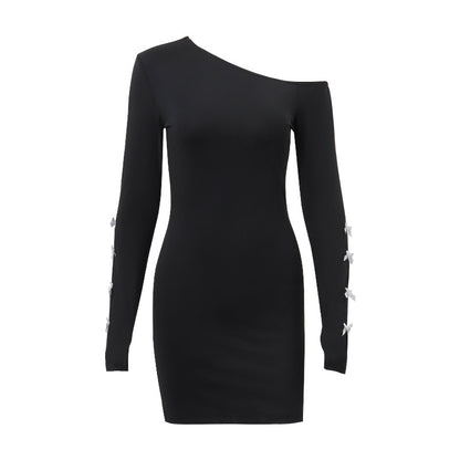 Women's Diagonal Collar Bow Slim-fit Long Sleeve Dress