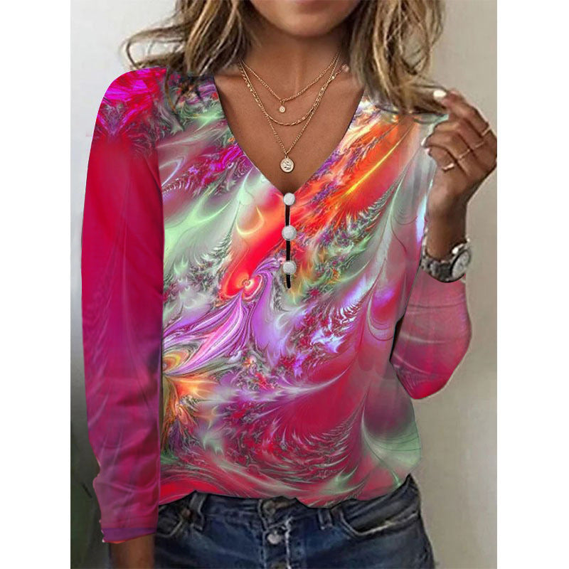 V-neck Starry Sky Tie-dyed Pearl Button T-shirt With Long Sleeves Hoodie