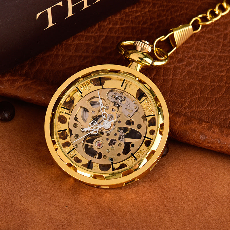 Large Wheel Gold Surface Digital Surface Mechanical Hollowing Flower Needle Pocket Watch