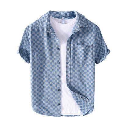 Plaid Short Sleeve Denim Shirt Casual All-match Cotton Shirt