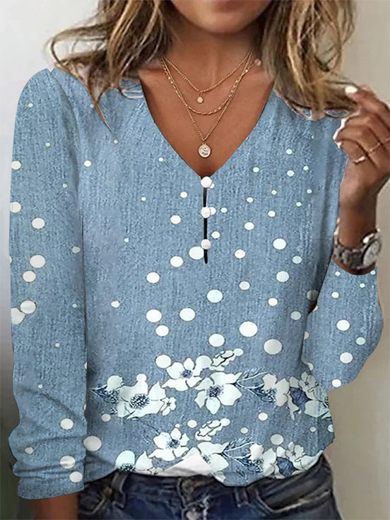 V-neck Starry Sky Tie-dyed Pearl Button T-shirt With Long Sleeves Hoodie