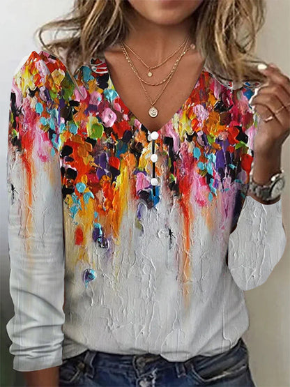 V-neck Starry Sky Tie-dyed Pearl Button T-shirt With Long Sleeves Hoodie