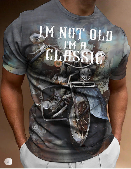 Retro Biker's Printed Round Neck Short Sleeve T-shirt