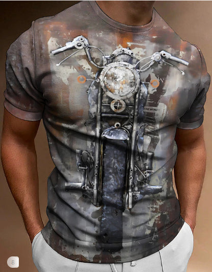 Retro Biker's Printed Round Neck Short Sleeve T-shirt