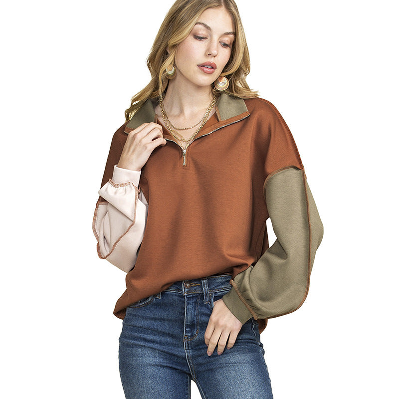 New Color Contrast Patchwork Long-sleeved Top For Women