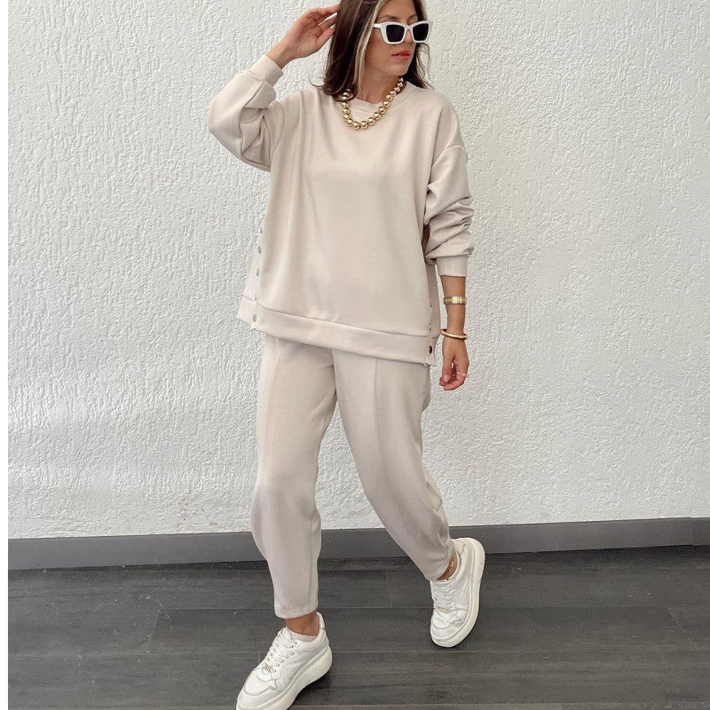 Metal Button Long Sleeve Shirt Sports Casual Ankle Banded Pants Suit