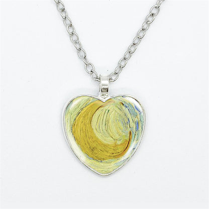 Artistic Style Van Gogh Starry Sunflower Flower-de-Luce Time Stone Heart-shaped Pendant Necklace