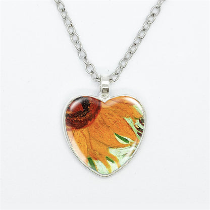 Artistic Style Van Gogh Starry Sunflower Flower-de-Luce Time Stone Heart-shaped Pendant Necklace