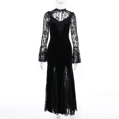 Elegant Sexy See-through Slim-fit Dark Lace Fishtail Long Sleeve Dress