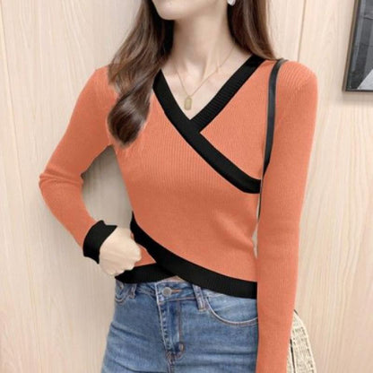 Women's Fashion Simple Cross V-neck Irregular Sweater