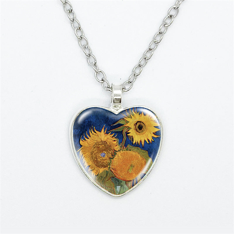 Artistic Style Van Gogh Starry Sunflower Flower-de-Luce Time Stone Heart-shaped Pendant Necklace