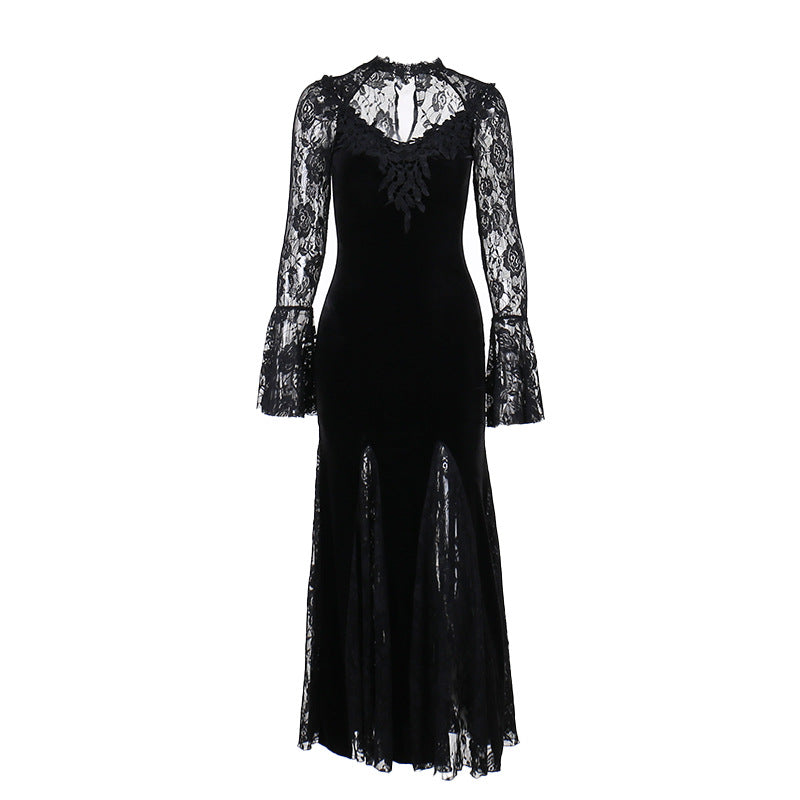 Elegant Sexy See-through Slim-fit Dark Lace Fishtail Long Sleeve Dress