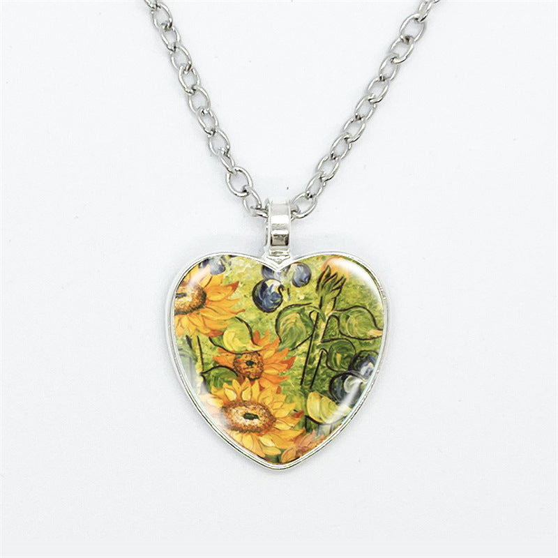 Artistic Style Van Gogh Starry Sunflower Flower-de-Luce Time Stone Heart-shaped Pendant Necklace