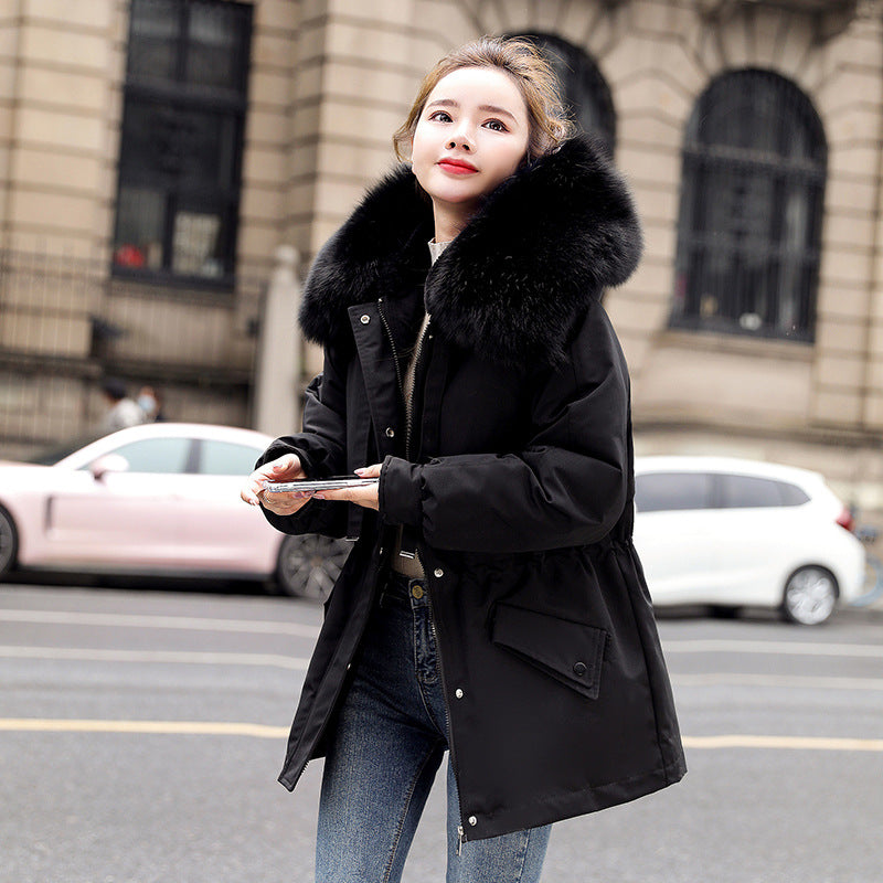 New Fleece-lined Mid-length Big Fur Collar Thicken Cotton Clothes Coat