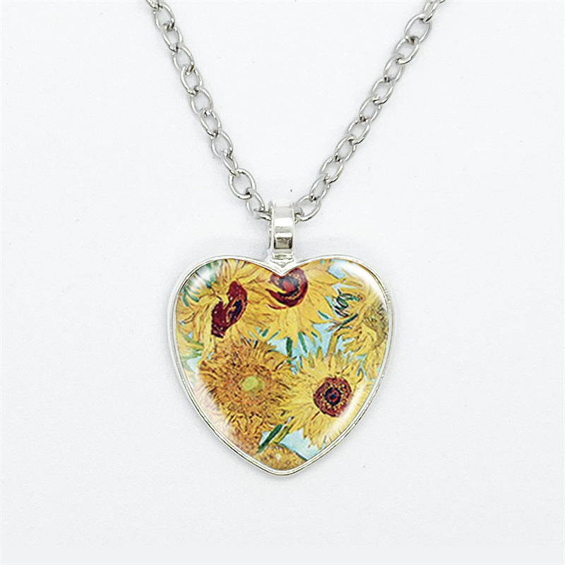 Artistic Style Van Gogh Starry Sunflower Flower-de-Luce Time Stone Heart-shaped Pendant Necklace