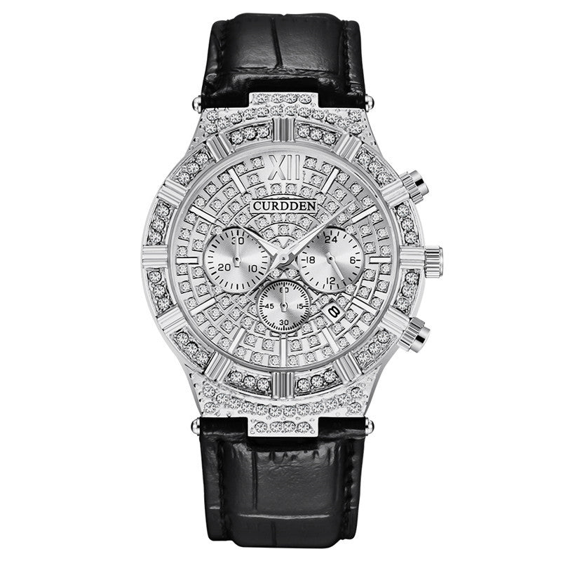 Diamond-embedded Fake Three-Eye Men's Fashion Belt Quartz Watch