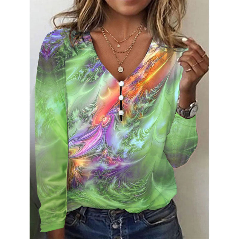 V-neck Starry Sky Tie-dyed Pearl Button T-shirt With Long Sleeves Hoodie